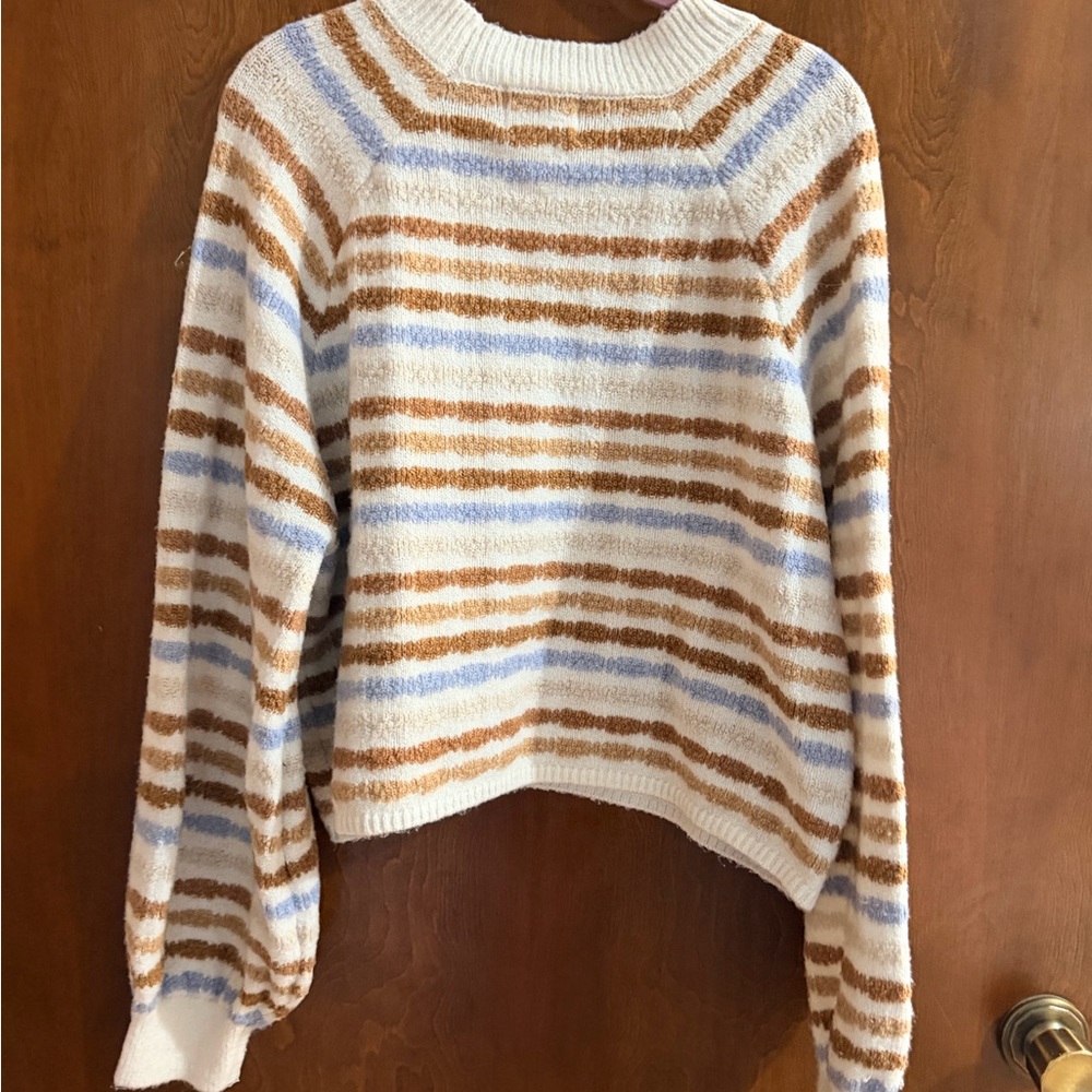 Pink Rose Cream Crewneck Sweater with Tan & Light Blue Stripes